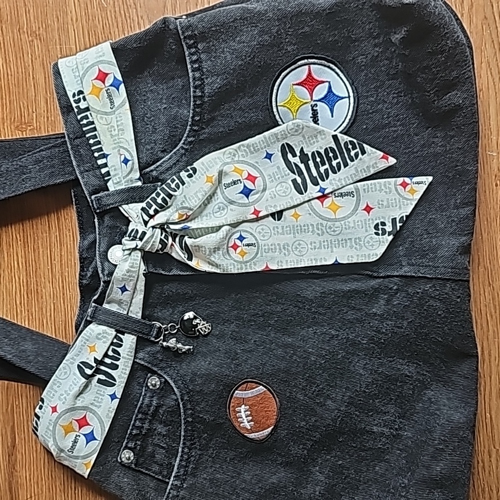 Pittsburgh Steelers Upcycled Handmade  Black Denim Shoulder Bag